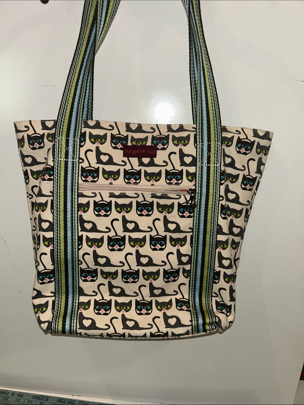 bungalow 360 Cream Canvas Tote with Cat Face Print and Striped Handles